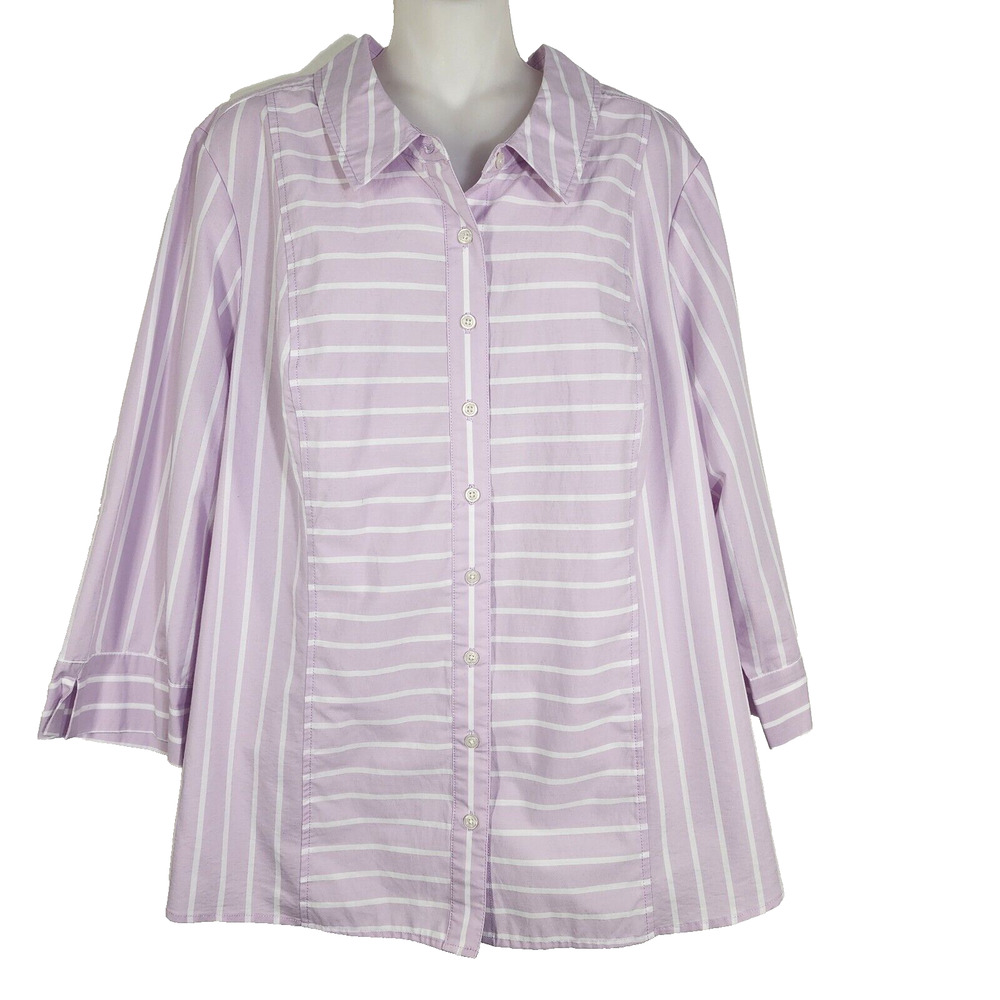 Denim & Co. Womens Shirt Size 1X Stripe Stretch Poplin 3/4 Sleeves Light Orchid